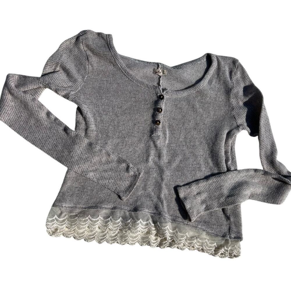 Hollister 1/4 button, long sleeve tan sweater, with lace hem, women's  XS